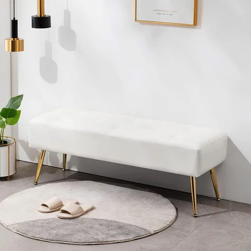 Miniatura 12 de Furniliving Banco de 44 Pulgadas para Dormitorio, Bancos Otomanos Tapizados con Tela Rayada y Tufting con Patas de Metal en Forma de X para Sala