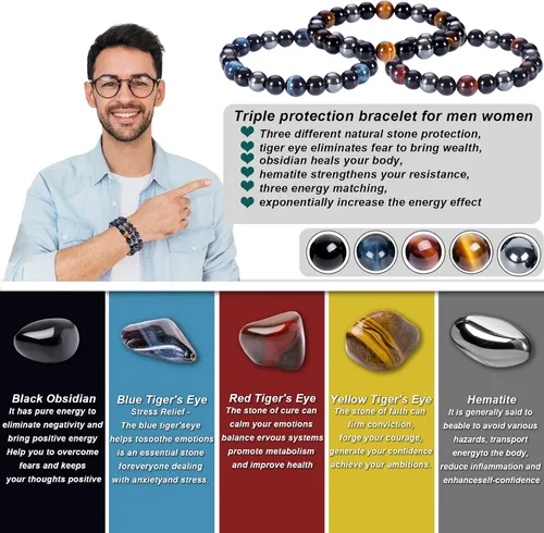 Miniatura 9 de SAMXY Triple Protection Bracelet, 8mm Healing Crystal Bead Bracelet, 3pcs Blue Red Tiger's Eye Obsidian Hematite Bracelet Women Men