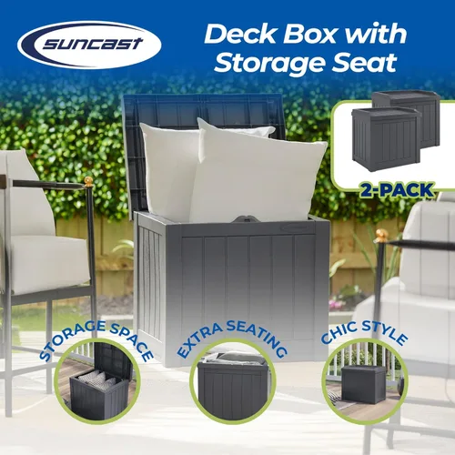 Miniatura 2 de Suncast Paquete de 2 cajas de almacenamiento pequeñas de 22 galones para interiores o exteriores, con atractivo asiento de banco y tapa reforzada