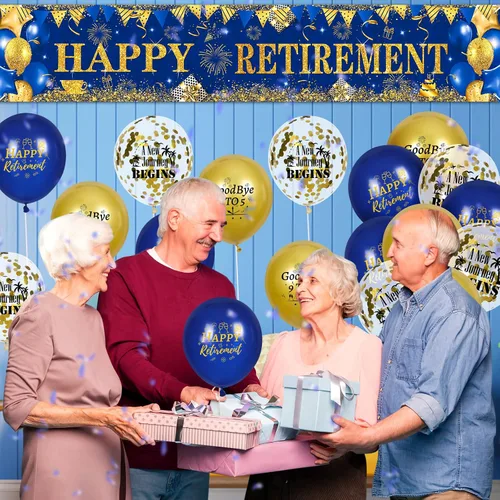 Miniatura 4 de Decoraciones de feliz jubilación: pancarta grande azul marino dorado con 18 globos para hombres y mujeres, fiestas, cabina de fotos, suministros