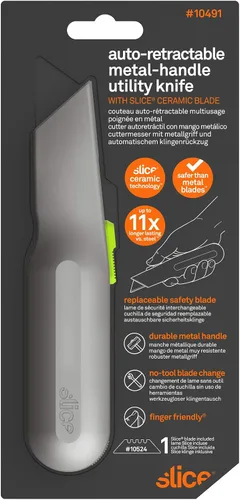 Miniatura 9 de Cuchillo utilitario con mango de metal, hoja de cerámica amigable con los dedos, se retrae automáticamente para mayor seguridad, mango de metal