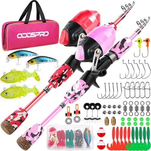 Miniatura 17 de ODDSPRO Caña de pescar para niños, color rosa, kit combinado de caña de pescar telescópica portátil y carrete - con caja de aparejos de pesca