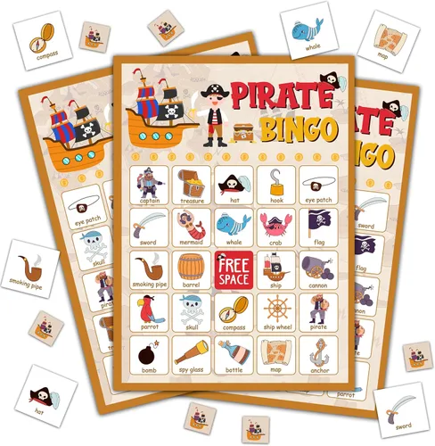 Juego de fiesta pirata - Tarjetas de bingo para adultos, 24 jugadores
