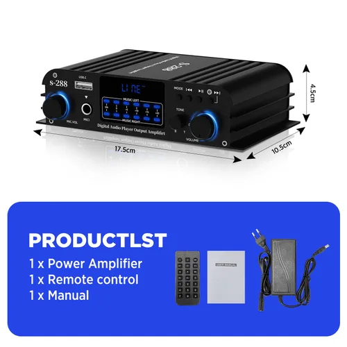 Miniatura 7 de Amplificador de Audio para el Hogar de 1200W, 4 Canales, Amplificador Pequeño Bluetooth5.0, RMS 45Wx4, Potencia Pico 300W*4, Receptor Estéreo