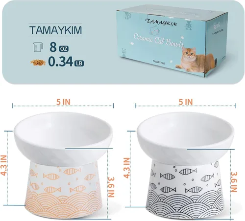 Miniatura 3 de Juego de 2 cuencos elevados de cerámica inclinados para gatos y perros pequeños, platos elevados de porcelana para alimentación sin estrés