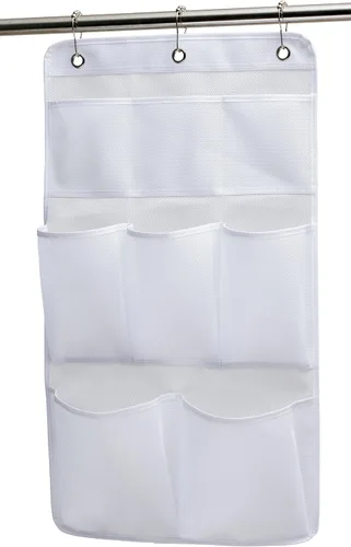Miniatura 8 de KIMBORA Organizador de ducha de malla para colgar en el baño, con 2 bolsillos grandes, 3 anillos, barra de cortina colgante para dormitorio, Negro