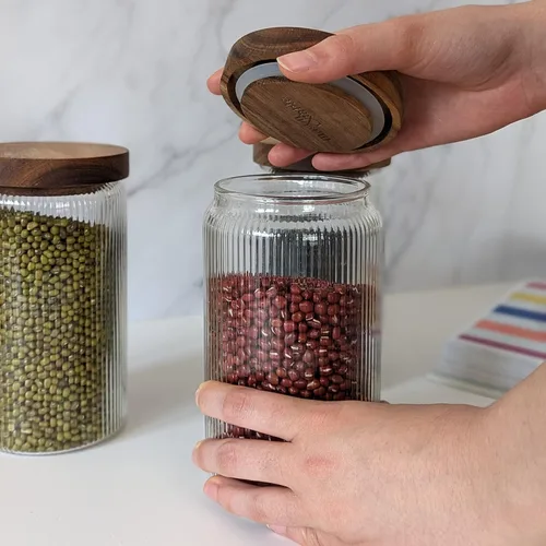 Miniatura 5 de Mason & Fable Tarro de vidrio acanalado, apilable y hermético, tapa de madera, recipiente de almacenamiento para galletas, golosinas, té o azúcar
