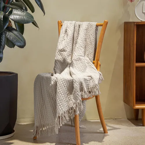 Miniatura 8 de Manta de punto gofre 100% algodón con flecos, manta de punto gofre prelavada para todas las estaciones, ligera, transpirable, suave y acogedora