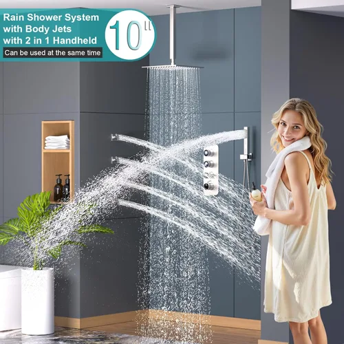 Miniatura 2 de Enga Sistema de ducha de lluvia de 10 pulgadas con chorros corporales, válvula desviadora de ducha de latón con indicadores LED