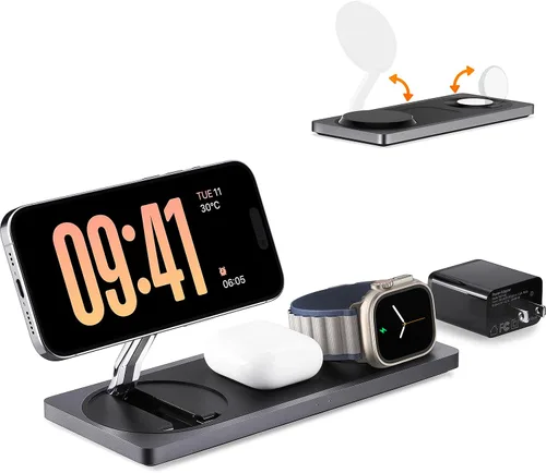Miniatura 12 de Estación de carga 3 en 1 para dispositivos Apple: Usada para estación de carga de iPhone y reloj con soporte de cargador Magsafe, cargador Amarillo