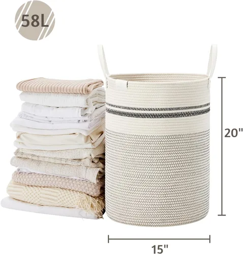 Miniatura 5 de VIPOSCO Cesta alta para ropa sucia, cesta grande para ropa sucia con mango de cuero, cesta de almacenamiento de cuerda tejida para manta, juguete