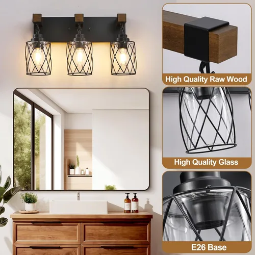 Miniatura 4 de Accesorios de iluminación de baño de granja, lámpara de tocador de baño de 3 luces con pantalla de metal y vidrio, accesorios de iluminación
