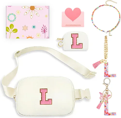 Miniatura 16 de Regalos de moda para niñas adolescentes, cangurera con monograma para niña con llavero, collar, dijes de taza, tarjeta de felicitación y caja