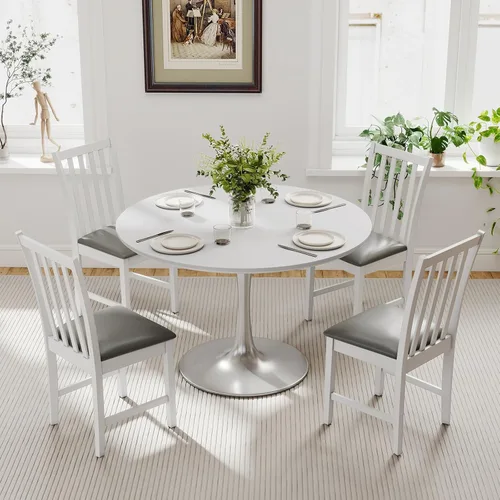 Miniatura 2 de Giantex Juego de 4 sillas de comedor de madera, sillas de cocina tapizadas de piel sintética con patas de madera de goma, respaldo curvo, asiento