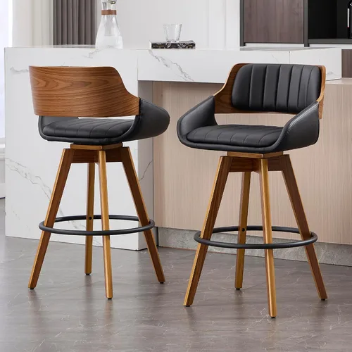 VipDesk Juego de 2 taburetes de bar giratorios, taburetes de bar de altura de mostrador de nogal con respaldo y brazos, sillas de bar tapizadas de