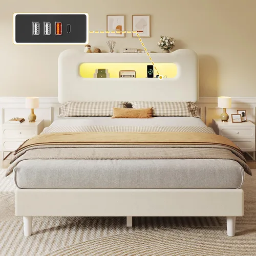 DWVO Marco de cama tamaño completo, cama tapizada de bouclé con cabecera de almacenamiento, cama LED con USB y tomacorriente, no necesita somier,