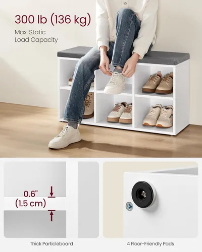 Miniatura 4 de VASAGLE - Banco para zapatos con cojín, banco de almacenamiento de zapatos con 6 compartimentos y 3 estantes ajustables, banco de entrada con Blanco
