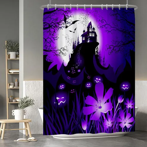 Miniatura 128 de Cortina de ducha de fantasma y gato negro para niños, 36 x 72 pulgadas, espeluznante y bonita, cortina de baño de Halloween con 6 ganchos, cortina