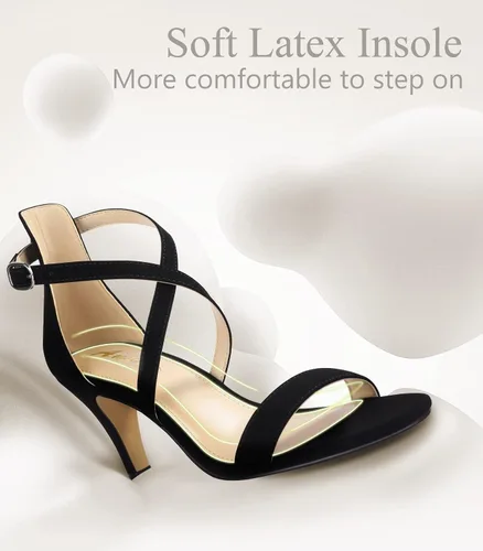Miniatura 4 de Ankis Tacones negros dorados y negros con tiras cruzadas para mujer, sandalias de tacón de aguja de 3 pulgadas, sandalias de punta abierta