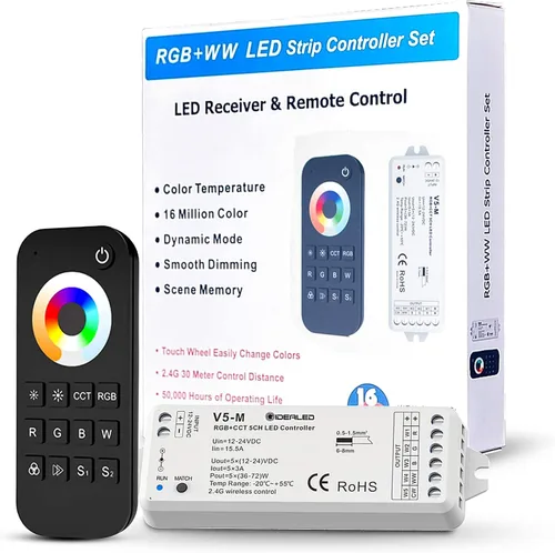 GIDEALED Controlador LED RGBCCT inalámbrico de 5 canales 2.4G con control remoto RF, atenuación 5 en 1 RGBWW LED Strip Controller para RGBW RGBWW