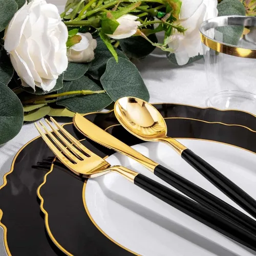 Miniatura 3 de WDF 30 Invitados - Platos de plástico negro y dorado, platos de Año Nuevo, cubiertos de plástico dorado con mango negro, vajilla desechable barroca