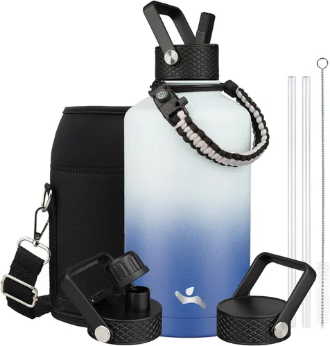 Miniatura 141 de Konokyo - Botella de agua aislada de 18 onzas, botellas deportivas de acero inoxidable con 3 tapas, verde militar