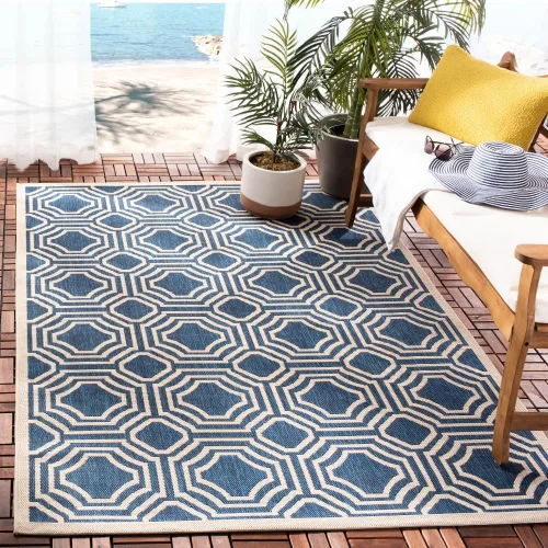 Miniatura 15 de SAFAVIEH Alfombra lavable para exteriores, colección Patio de 2.3 x 6.7 pies, beige y azul marino, no desprende pelusa y es fácil de limpiar, ideal
