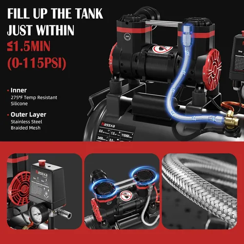 Miniatura 2 de Compresor de aire ultra silencioso de 8 galones, 1.5HP 4.52 CFM, tanque de compresor de aire sin aceite máximo de 115 PSI para reparación