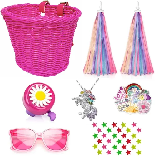 Miniatura 13 de Cesta de bicicleta para manillar para niñas con collar de unicornio, campana, serpentinas, cuentas de rueda, lentes de sol, calcomanías, juego
