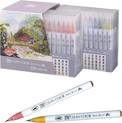 Kuretake Zig Clean Color Real Brush Juego de 120 colores, rotuladores de punta de pincel, para profesionales y artistas, colorear, dibujo,