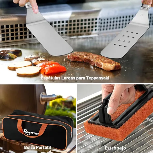 Miniatura 5 de ROMANTICIST Juego de 29 accesorios para plancha – Juego de espátula de teppanyaki con raspador, cubierta de hilvanado para chef de campamento