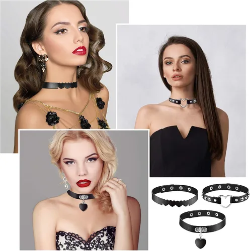 Miniatura 5 de Gargantilla de cuero con tema en forma de corazón de 6 piezas, gargantilla gótica punk ajustable de cuero de la PU (negro), Cuero sintético