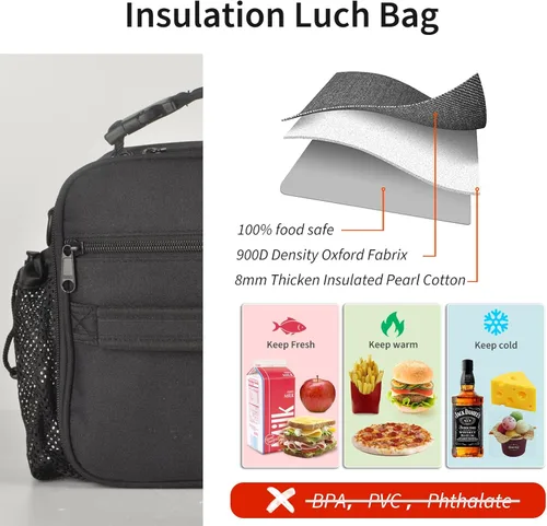Miniatura 5 de Cerbonny Lonchera para niños, bolsa de almuerzo aislada para niñas y niños, poliéster duradero con forro de PEVA, correa de hombro ajustable, 10.8