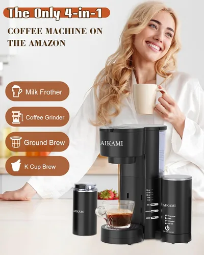 Miniatura 2 de Cafetera de una sola porción 4 en 1 con espumador de leche y molinillo de café, cafetera para taza K y café molido, con depósito de agua extraíble