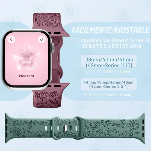 Miniatura 9 de SNBLK Paquete de 6 correas florales grabadas compatibles con Apple Watch de 40mm 41mm 42mm 38mm 44mm 45mm 46mm 49mm, mujeres y hombres, correa