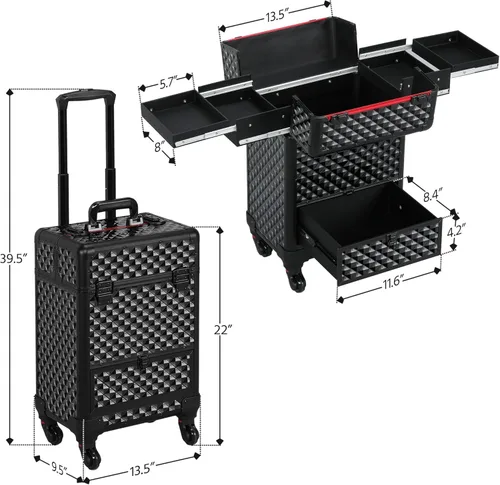 Miniatura 5 de Yaheetech Estuche de Maquillaje Tipo Tren con Ruedas, Estuche de Aluminio para Cosméticos con Ruedas, Estuche de Barbero para Salón, Carrito