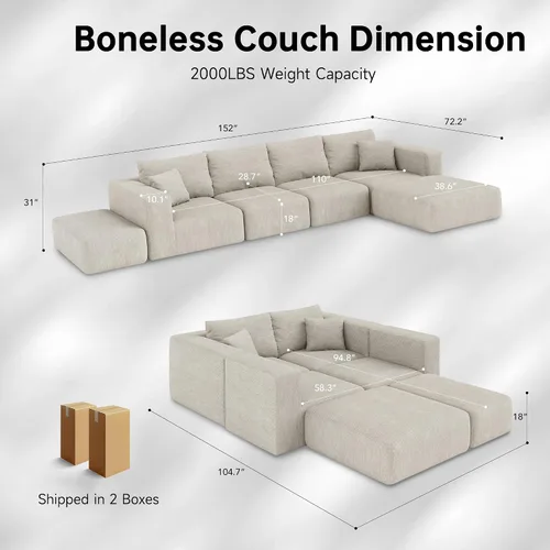 Miniatura 2 de 152" Modular Sectional Sofa,Large Boneless Couches for Living Room,Modern Plush Corduroy,Oversized Cloud Couch Sectional with Deep Seat,No