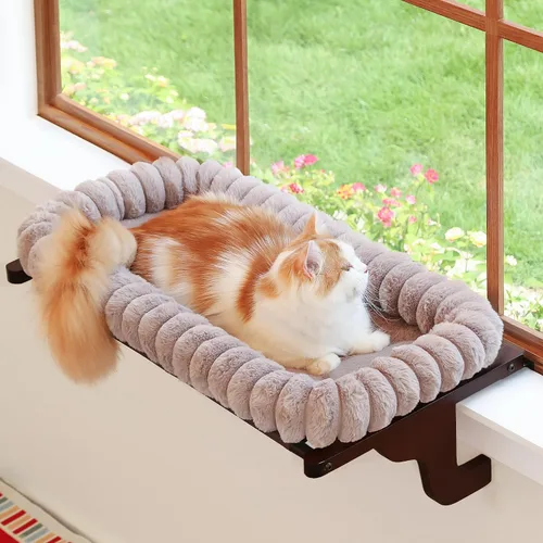 Zakkart SnugCloud Percha de Ventana para Gatos con Apoyo de 4 Lados - Hamaca Ortopédica para Gatos para Ventana - Madera de Árbol Sólido y Marco de