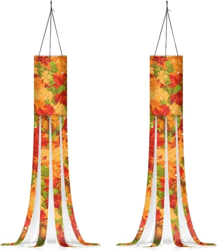 Miniatura 20 de Mumeson 2 piezas de calcetines de viento de otoño de arce de otoño, decoración al aire libre con bandera de cola, decoración colgante para pared
