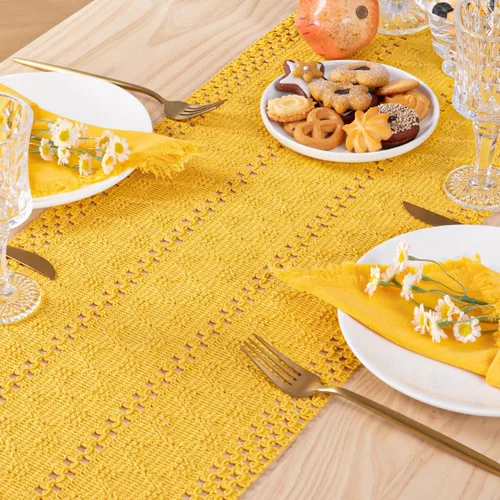 Miniatura 4 de DeZerlor Camino de mesa de macramé de 12 x 60 pulgadas, camino de mesa bohemio de granja con borlas de algodón y lino tejido para mesa de comedor