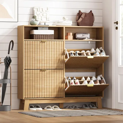 Miniatura 39 de HUANLEGO Zapatero de almacenamiento para entrada con 6 cajones abatibles, organizador de zapatos estrecho acanalado con patas de madera, zapatero