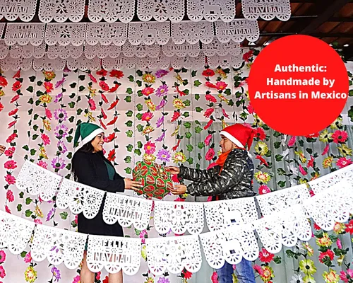 Miniatura 6 de Decoración de Feliz Navidad, papel picado mexicano blanco, paquete de 5 carteles de Feliz Navidad para fiesta de Navidad, hecho de papel de seda
