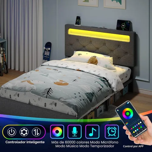 Miniatura 3 de Rolanstar Base de cama individual con estación de carga, cama LED con almacenamiento debajo de la cama, cabecera ajustable de 38.9/40.8 pulgadas,