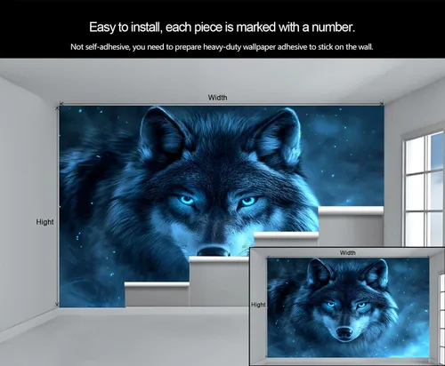 Miniatura 5 de Mural de lobo azul, papel tapiz de animales misteriosos, decoración del hogar de estética oscura, mural de pared de animales salvajes, murales