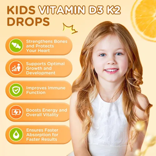 Miniatura 4 de Gotas de vitamina D3 K2 para niños, suplemento líquido con calcio, Omega 3, zinc, vitamina D3 K2 para absorción de calcio huesos saludables
