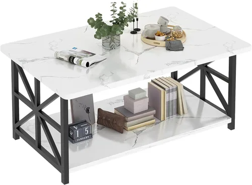 Miniatura 7 de AWQM Mesa de Centro de Mármol Sintético para Sala de Estar con Esquinas Redondas, Mesa de Sala de Estar de 2 Niveles con Estante de Almacenamiento
