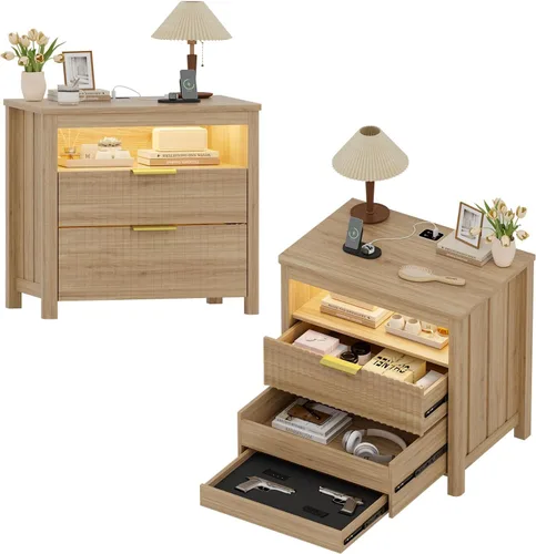 Miniatura 10 de HNEBC Mesita de noche con cajones para armas, mesita de noche de granja con estación de carga, mesita de noche secreta con luz automática de 3