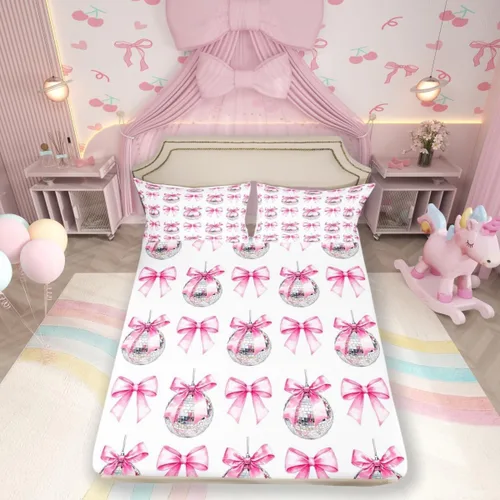 Miniatura 7 de Sábana bajera con lazo azul tamaño individual, juego de ropa de cama de princesa con cerezas, estrellas y flores margaritas de dibujos animados