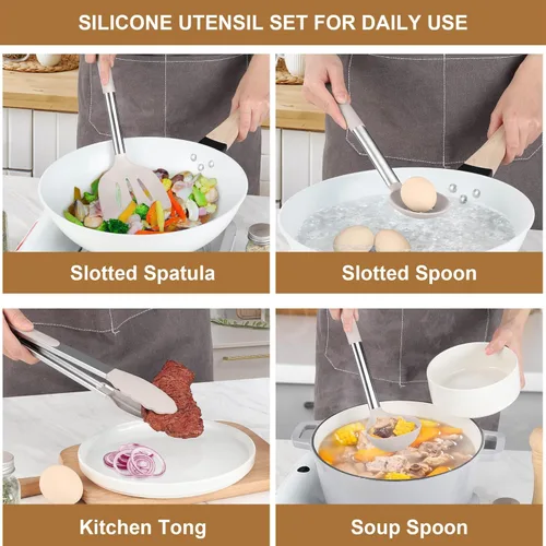 Miniatura 5 de LIANYU Juego de 15 utensilios de cocina con soporte, herramientas de cocina de silicona con mango de acero inoxidable, utensilios resistentes al