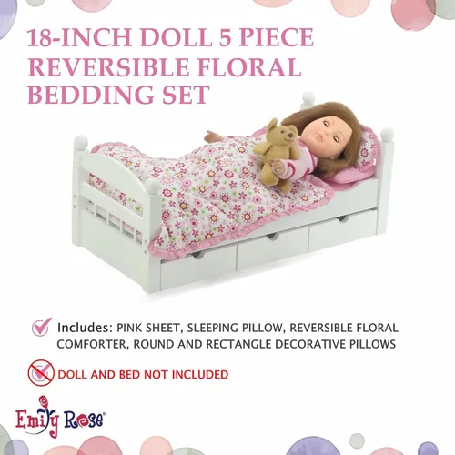 Miniatura 5 de Emily Rose Juego de ropa de cama reversible floral de 18 pulgadas, ropa de cama de muñecas de 5 piezas con edredón con volantes, sábana y almohadas